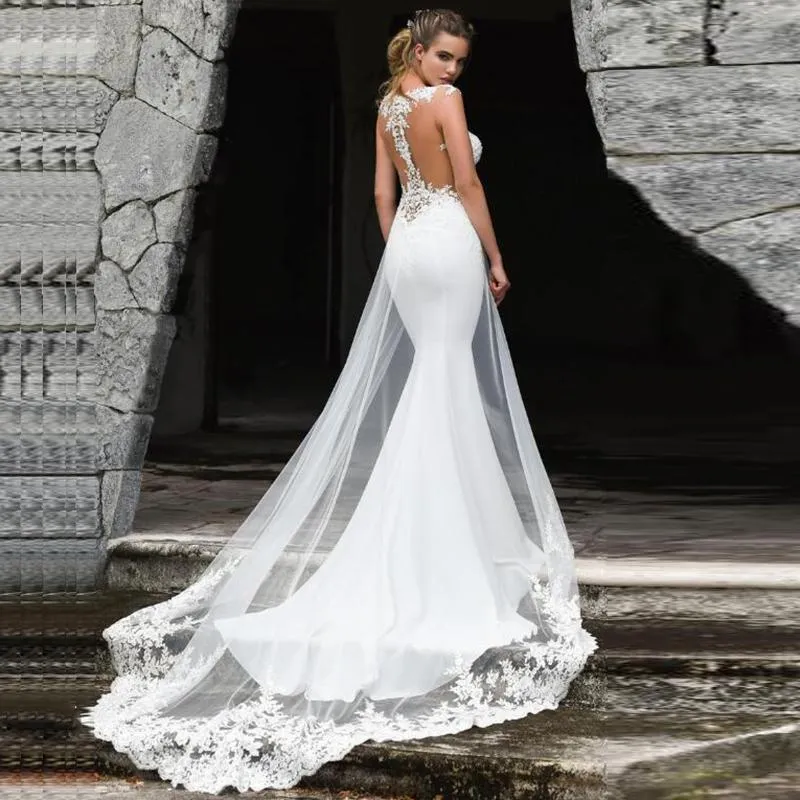 Abito da sposa Altri abiti Taglie forti Sirena 2023 Sexy See Through Back Senza maniche Appliques in pizzo Abito da sposa Sweep Train Robe De