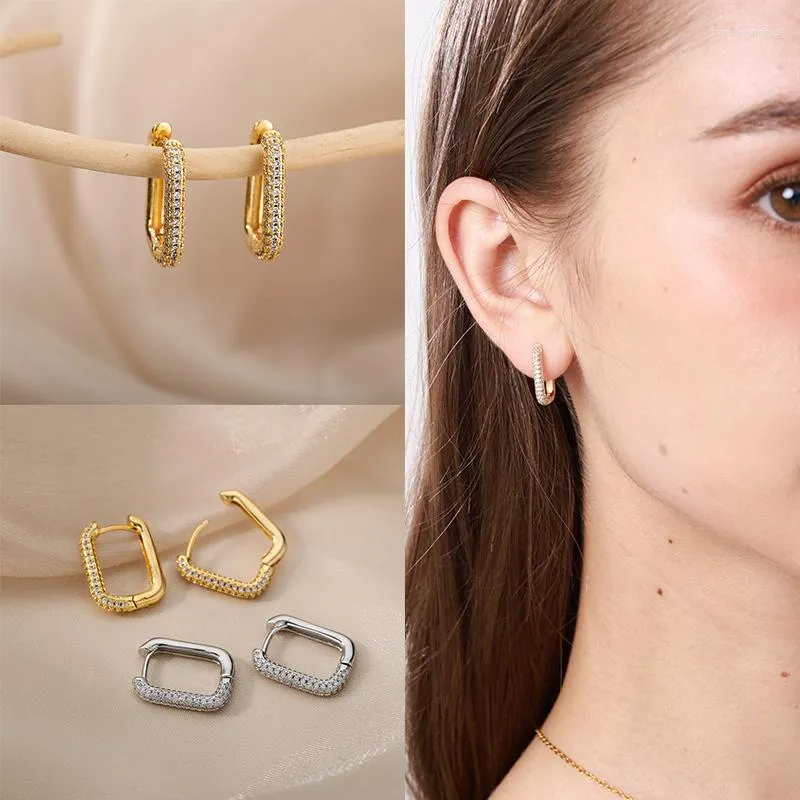 Boucles d'oreilles créoles cercle carré pour femmes acier inoxydable brillant cubique Zircon géométrie coréenne mode anniversaire bijoux cadeau