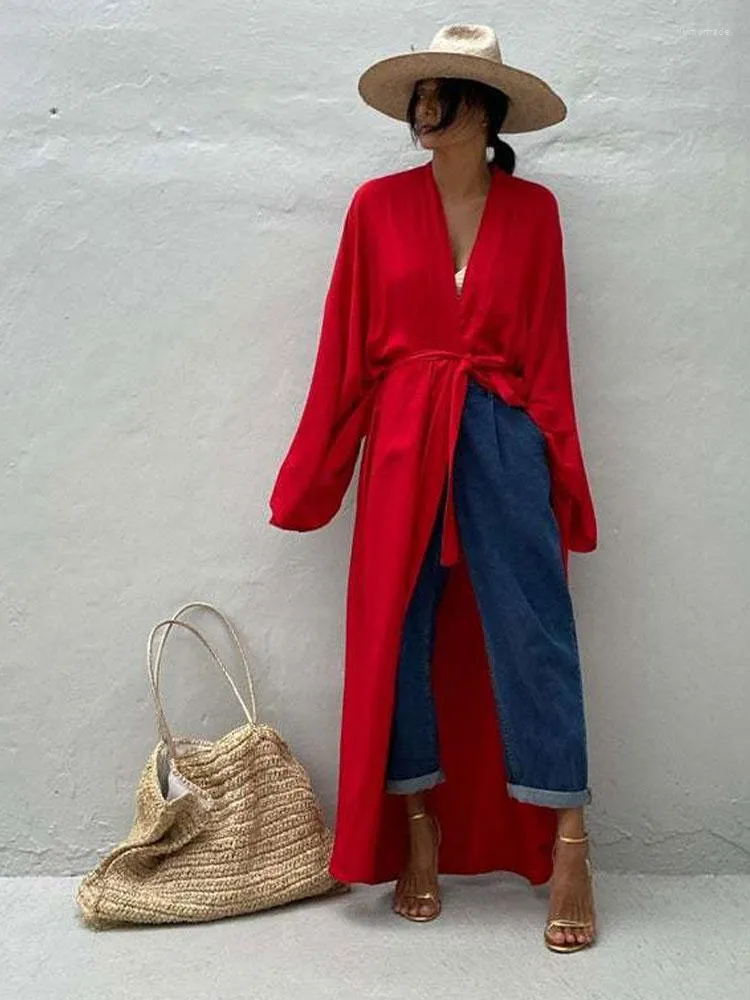 Casual Dresses 2023 Solid Long Sleeve Self Belted Kimono Dress Plus Size Women Elastic Waist Loose Slit Beach A1247