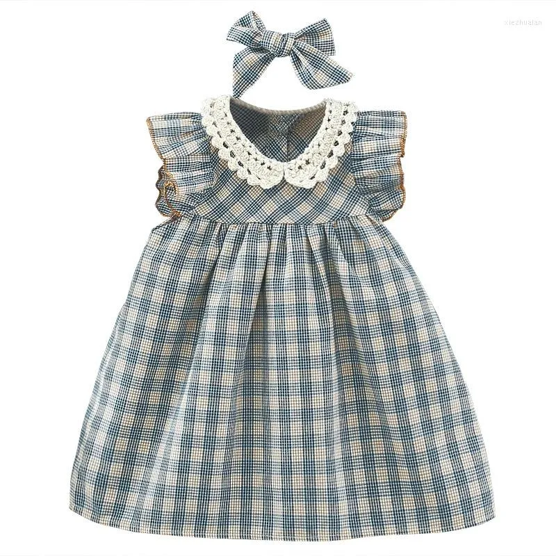 Flickklänningar 2 -stycken Summer Kids Set Baby Girls Clothes Toddler Korean Cute Plaid ärmlös Cotton Doll Collar Princess Dress BC517