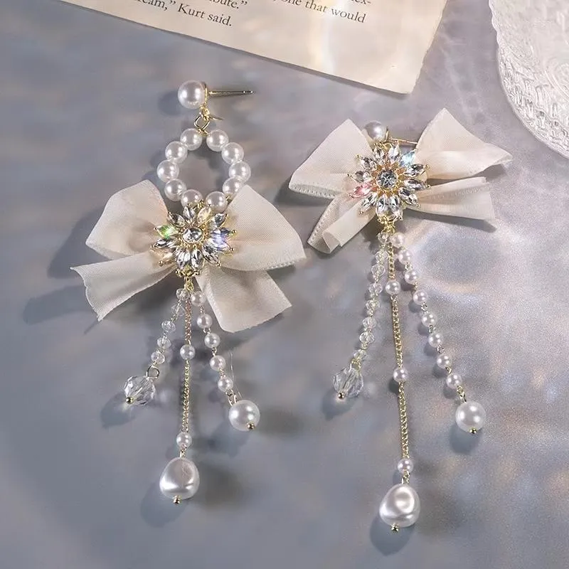 Stud Earrings Women's Summer Lace Bow Pearl Tassel Asymmetric Streaming