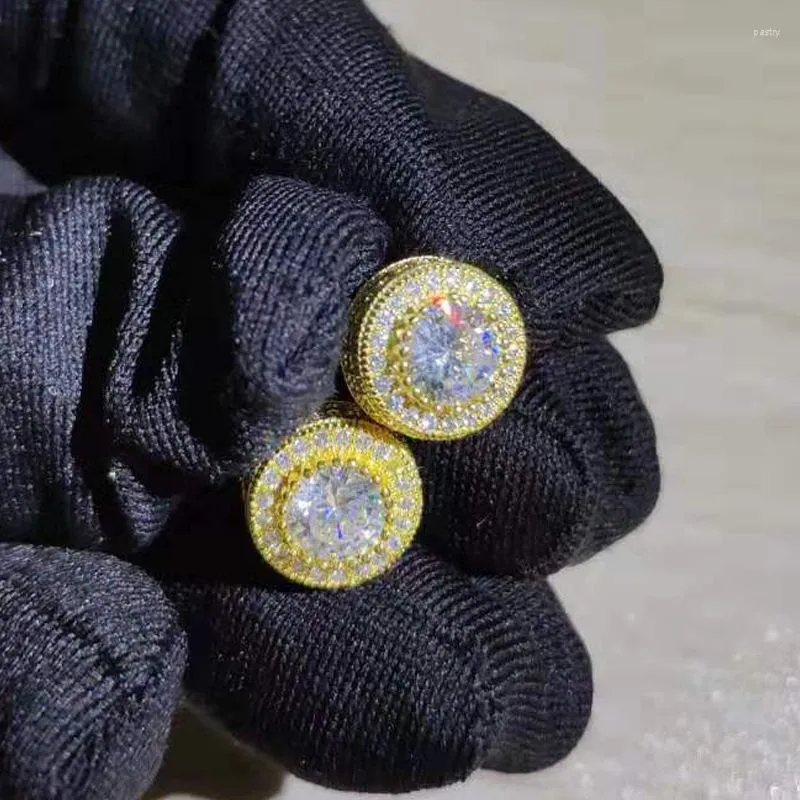 Серьги с грифом хип -хоп 925 стерлинговое серебро 14 тыс. Желтого золота круглый квадрат