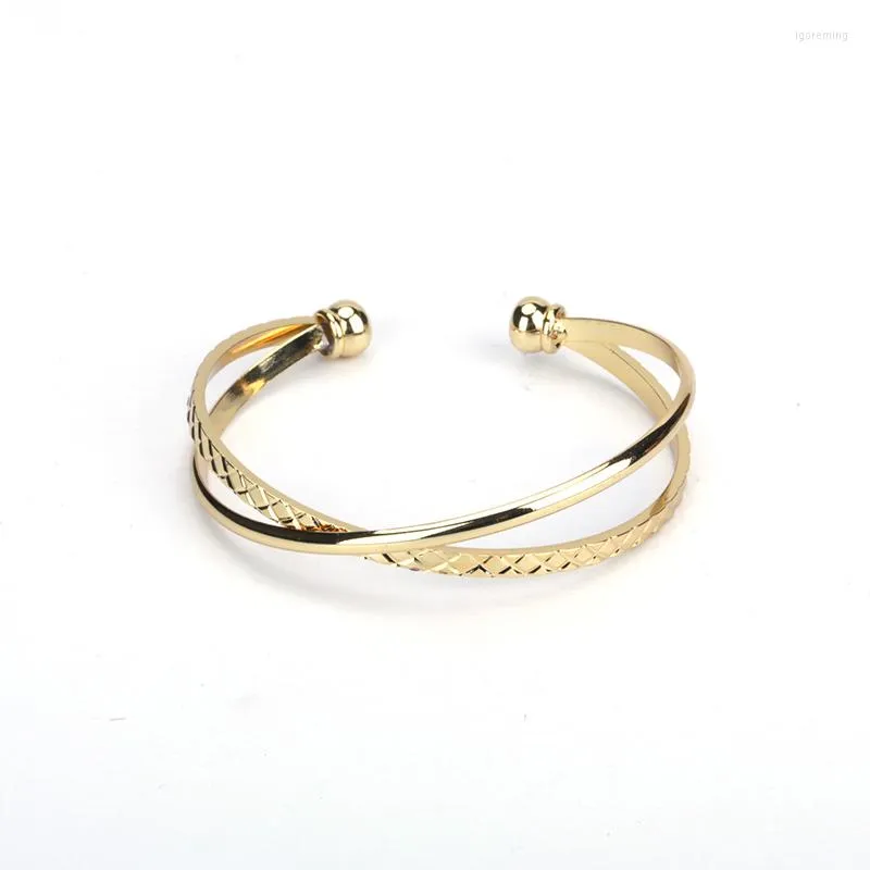 Bangle Minimalist Pure Gold Color Mönster Metall Strip Charm Justerbar armband Dubbel öppen manschett UNISEX Par Titta på tillbehör