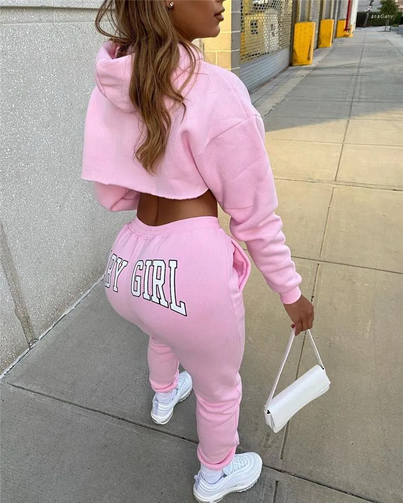 Letter Print Hooded Two Piece Womens Sweatsuit Set Out With Crop