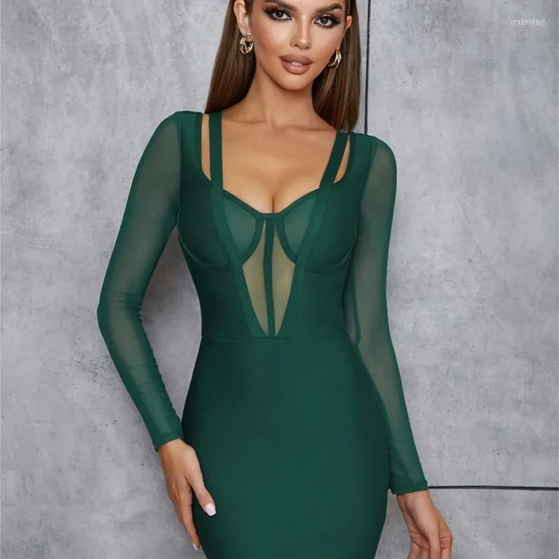 Robes décontractées 2023 évider à manches longues Corset femmes mode printemps automne moulante pansement fête Club vert crayon Mini robe vêtements