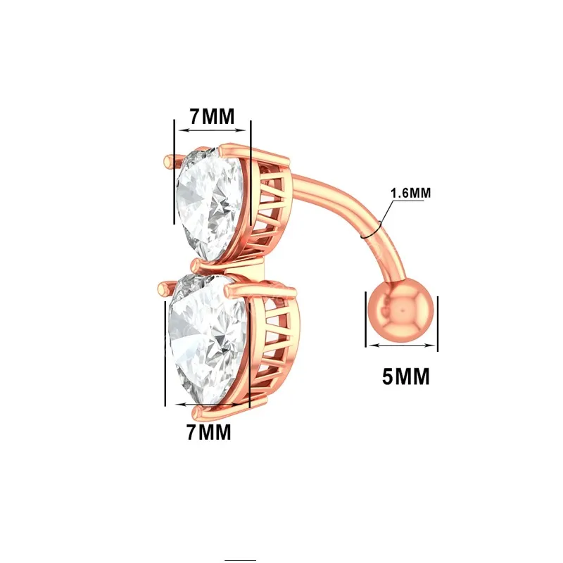 セクシーなダブルハートクリスタルジルコンカーブドへそピアス反転バーバーベルベリーボタンリングスチールピアスオムブリゴウンビゴ