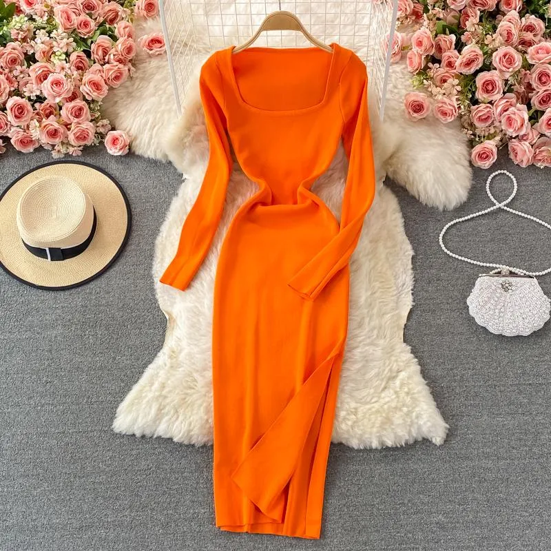 Casual Dresses Autumn Winter Women Sticked mantel Platta sexiga damer Solid Slim Tight Mid-Calf Square Neck Middle Pencil Dress