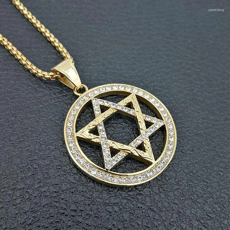 Colares pendentes Hip Hop Gold Color Vintage Star de Hexagram de David Aço inoxidável com colar de zircão de 60 cm de comprimento de ligação ou mulheres