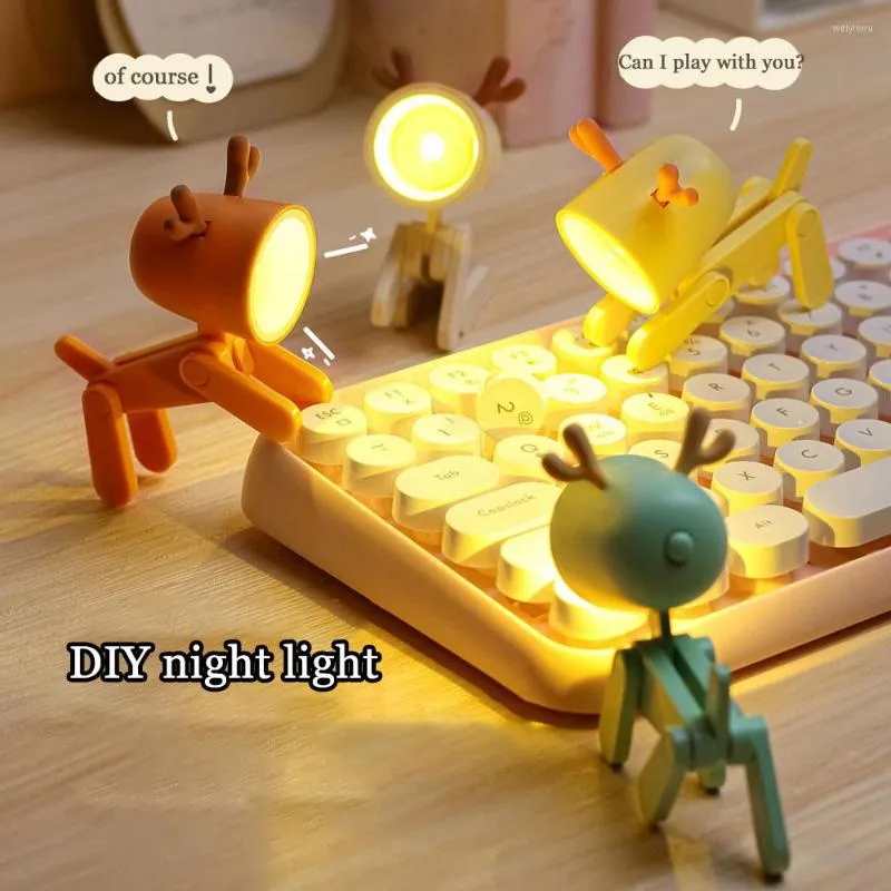 Luci notturne LED Mini Cartoon Cute Deer Dog Lampade da scrivania Pieghevole Comodino Camera da letto Decor Lampada Regalo di festa per bambini