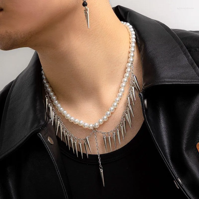 Pendentif Colliers Punk Layered Chaîne Épaisse Avec Spike Perle Collier Homme À La Mode Gland Ras Du Cou 2023 Mode Bijoux Collier Cadeaux