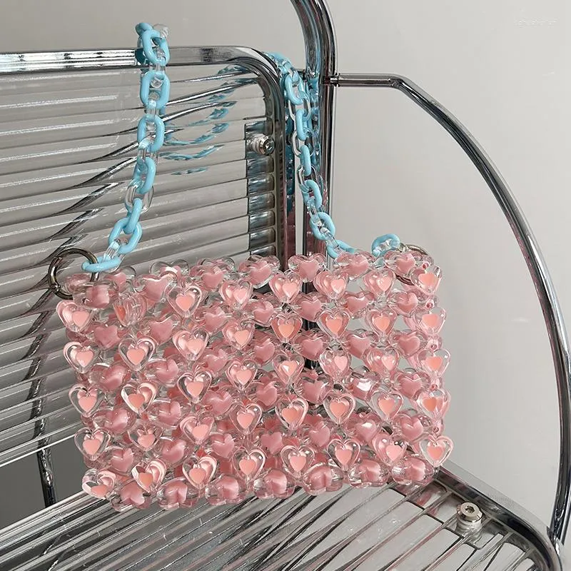 Evening Bags Cute Girls' Love Beaded Women's Fashion INS Peach Heart Design Woven Chain Shoulder Bag Casual Versatile Handbag 2023