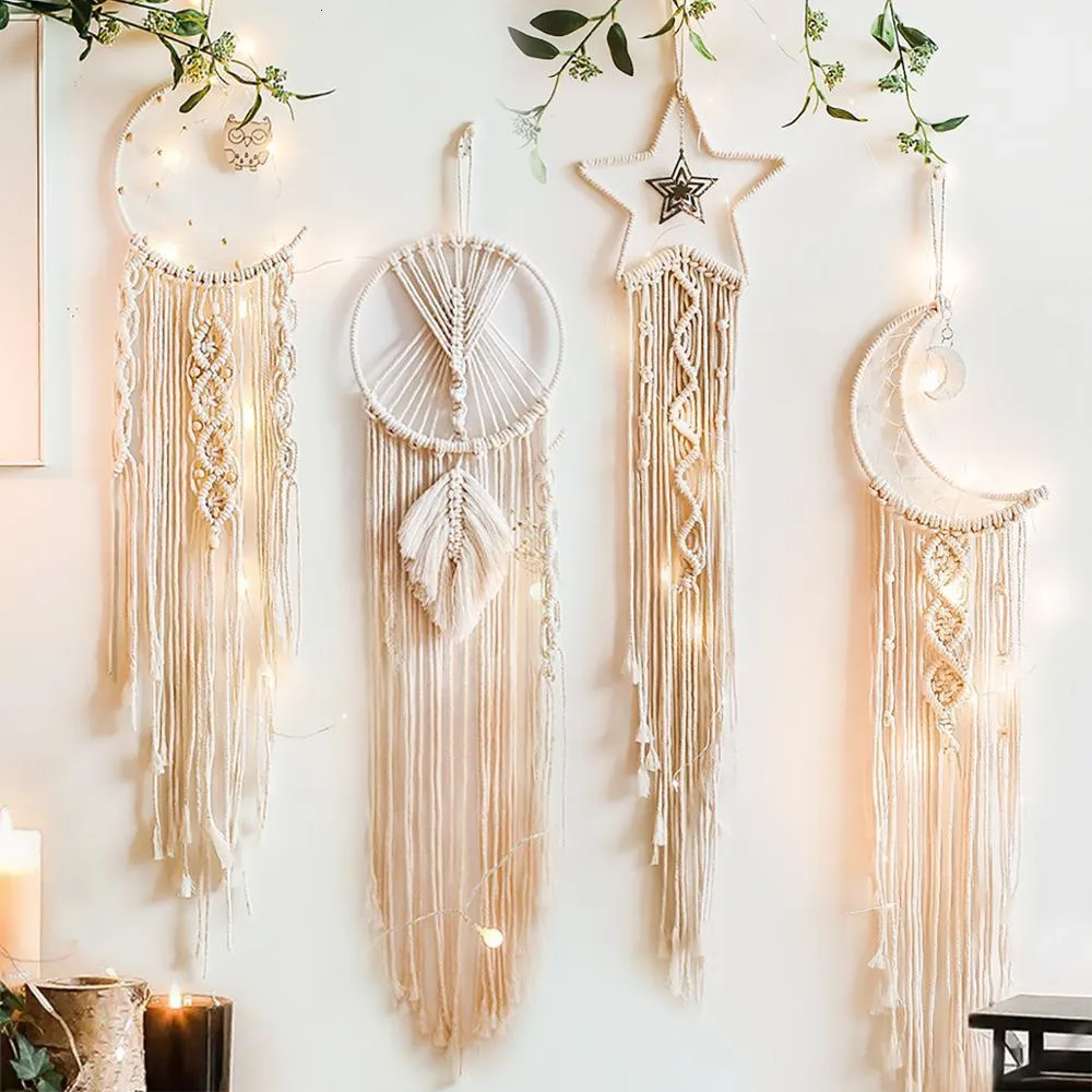 Moon Star Dream Catcher Set - 2pcs Boho Macrame Wall Hanging With LED Lights, Blue Cotton Decor For Bedroom, Nursery, Gift - View #4