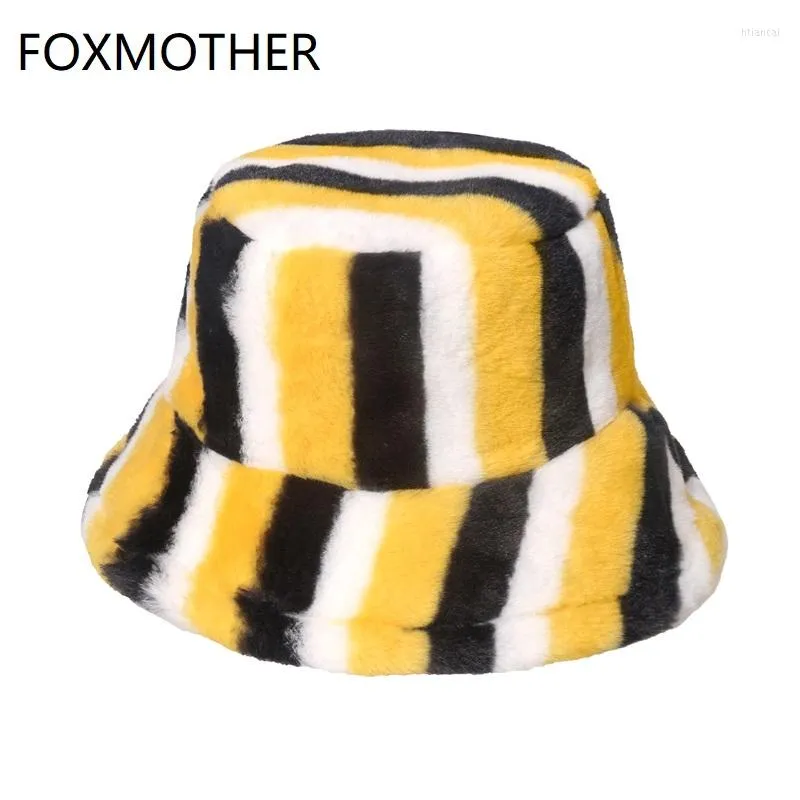 Berets FOXMOTHER Warm Bucket Hats Black Yellow Striped Gorros Panama Faux Fur Fluffy Fisherman Caps Women Winter