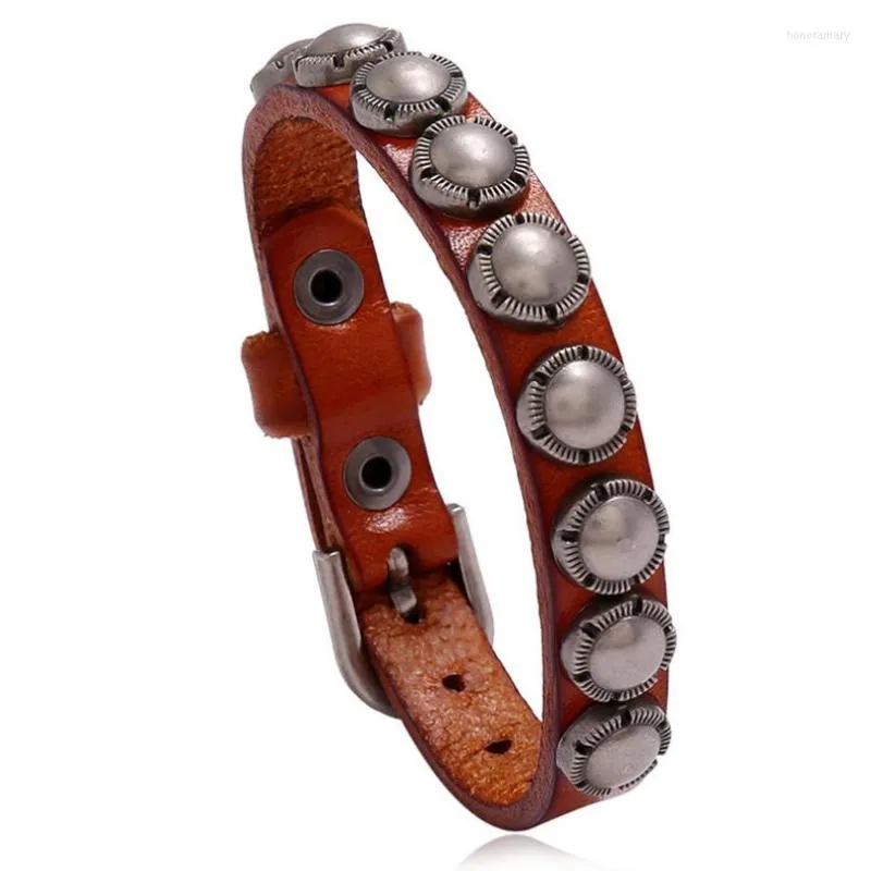 Braccialetti con ciondoli Moda punk Rivetti rotondi Perline in lega Cinturino in vera pelle vintage Bracciale rigido Donna Uomo Gioielli gotici