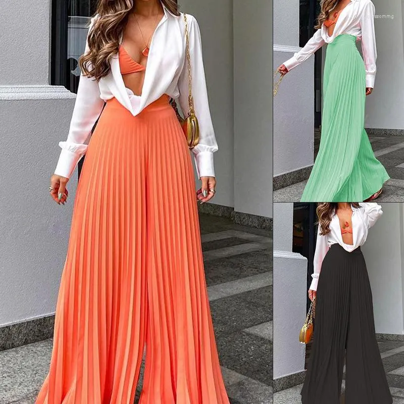 Damenhosen Damen Mode Lässig Falten Weites Bein Elegant Korsett mit Hoher Taille Lose Lange Hose Streetwear