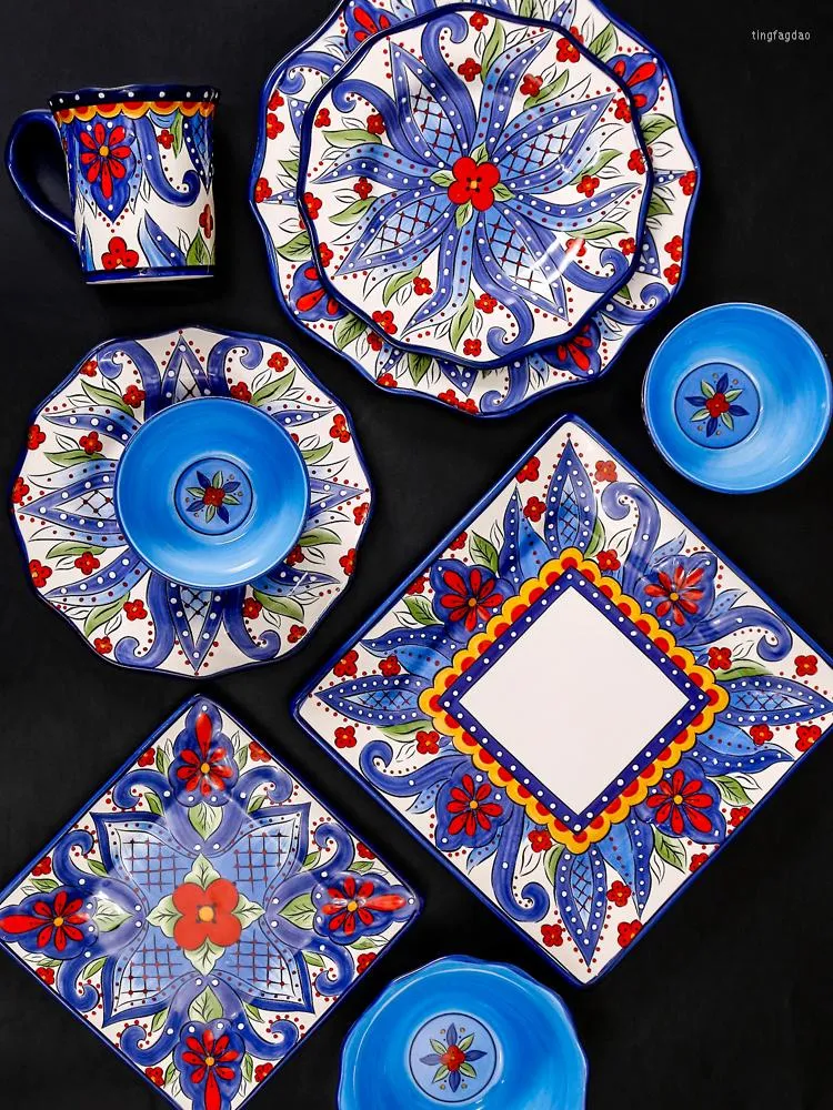 Zestawy naczyń stołowych Antowall Europejski ceramiczny obiadowy talerz domowy ręcznie malowany duży zachodni stek Lotus Square Eksport Strale