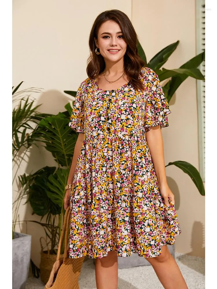 Vestidos de talla grande Vestido de gasa Mori de verano Cintura femenina Temperamento delgado Pequeño floral fresco hasta la rodilla