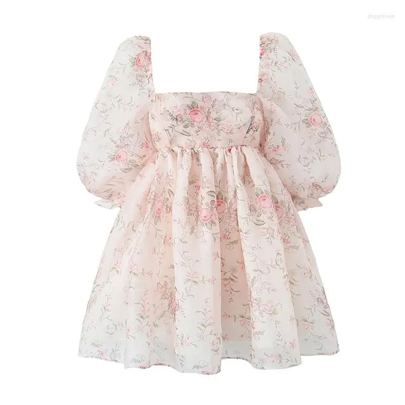 Sukienki imprezowe Yenke 2023 Sweet Princess Floral Print Organza Sukienka Vintage Puff Rleeve Square Neck Ladies Mini Fairy Saaty