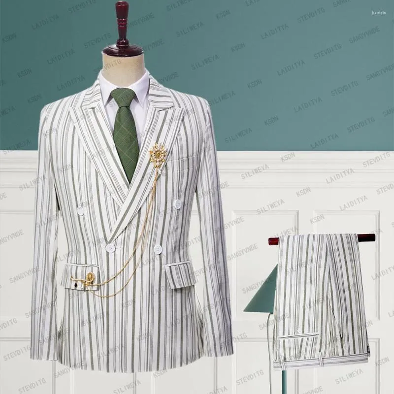 メンズスーツ2023メンズ高品質の白いリネンライトグリーンストライプビジネスフォーマルウェディング紳士ドレス2ピースセットジャケットパンツ