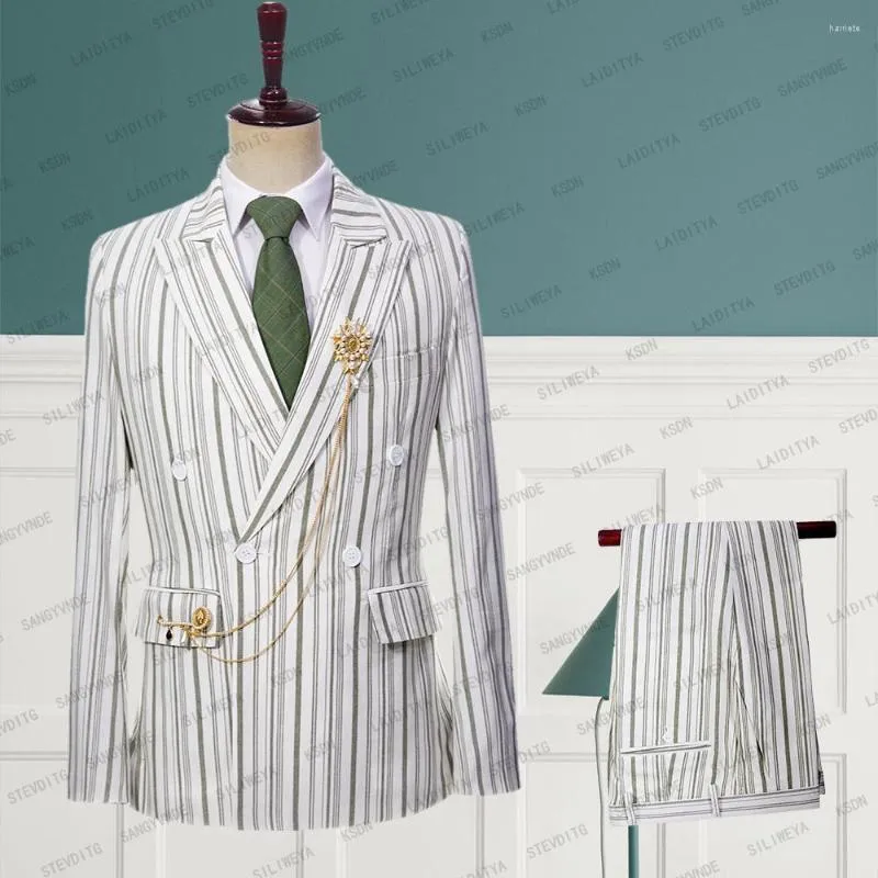 Abiti da uomo 2023 Abito da uomo di alta qualità in lino bianco a righe verde chiaro da lavoro formale da matrimonio Abito da gentiluomo Set da 2 pezzi Pantaloni giacca