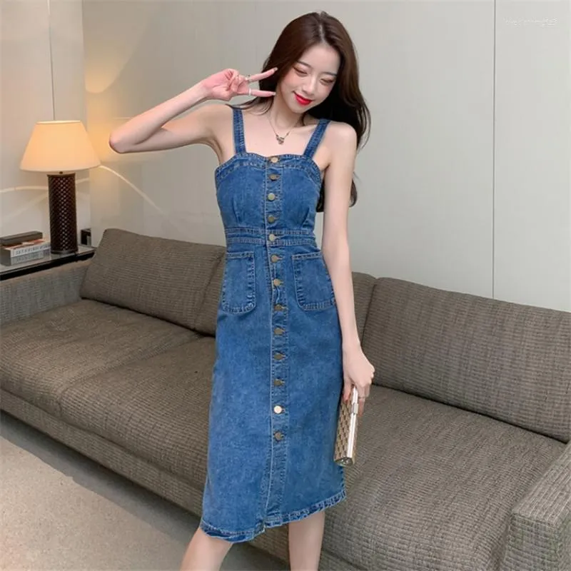 Single breasted spaghetti strap denim dress best sale
