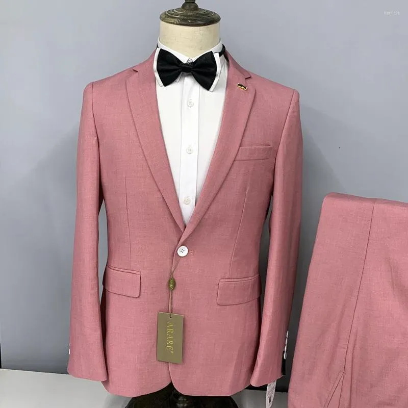 Abiti da uomo 2023 Abiti da uomo in lino moda Abiti da lavoro personalizzati Slim Fit Rosa Risvolto con risvolto Due pezzi Pantaloni da cappotto da ufficio per lo sposo da sposa