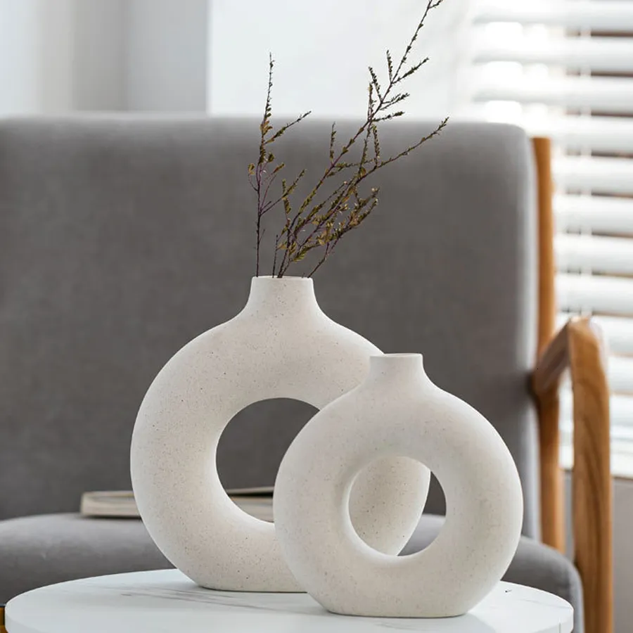 Vazen Noordse vaas cirkelvormige holle keramische donuts bloem pot huis woonkamer decoratie accessoires interieur kantoor desktop decor cadeau 230428