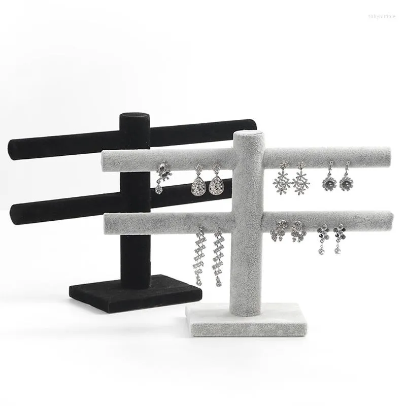 Jewelry Pouches Velvet Earring Holder Stand Rack And Black 2 Tier T-bar Stud Earrings Display Organizer For Store Storage