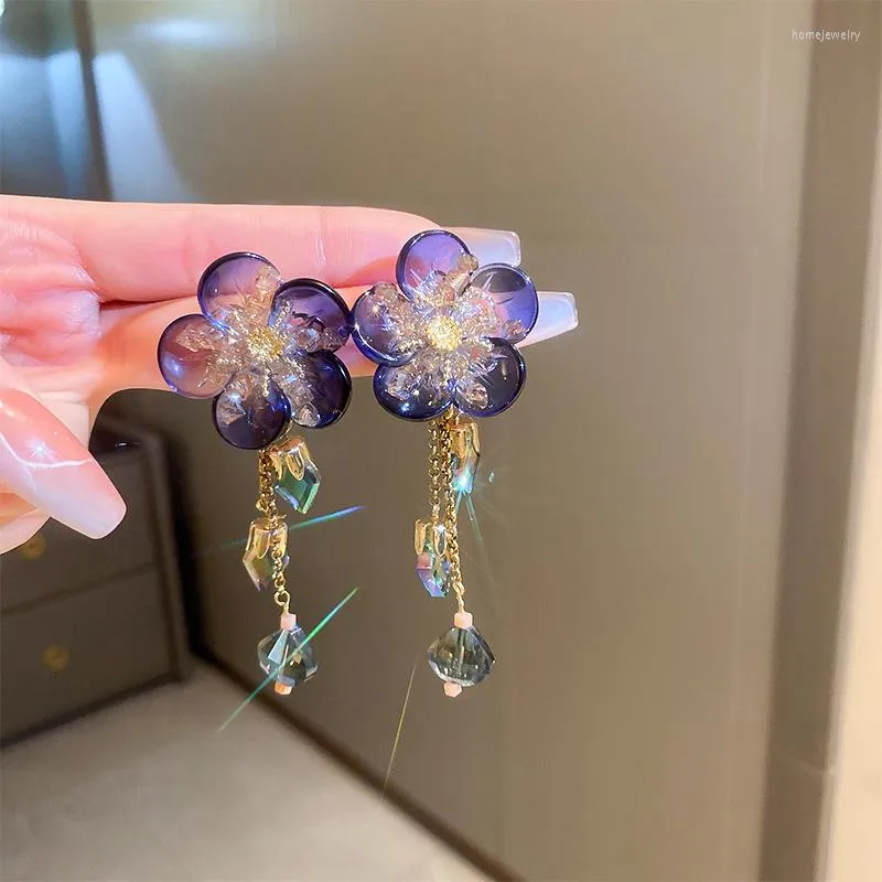 Boucles d'oreilles pendantes mode bleu cristal fleur goutte pour femme accessoires de fête de mariage mignon gland chaîne femmes bijoux à la mode