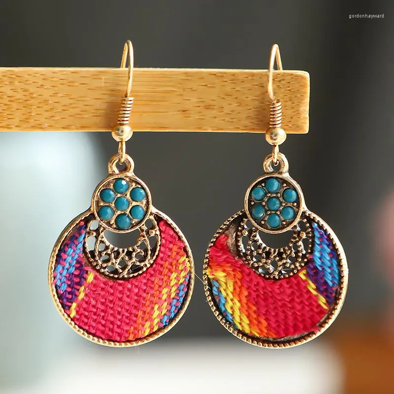 Boucles d'oreilles pendantes ethnique ronde broderie tribu 2023 femmes Vintage tissu Jhumka bijoux de mode