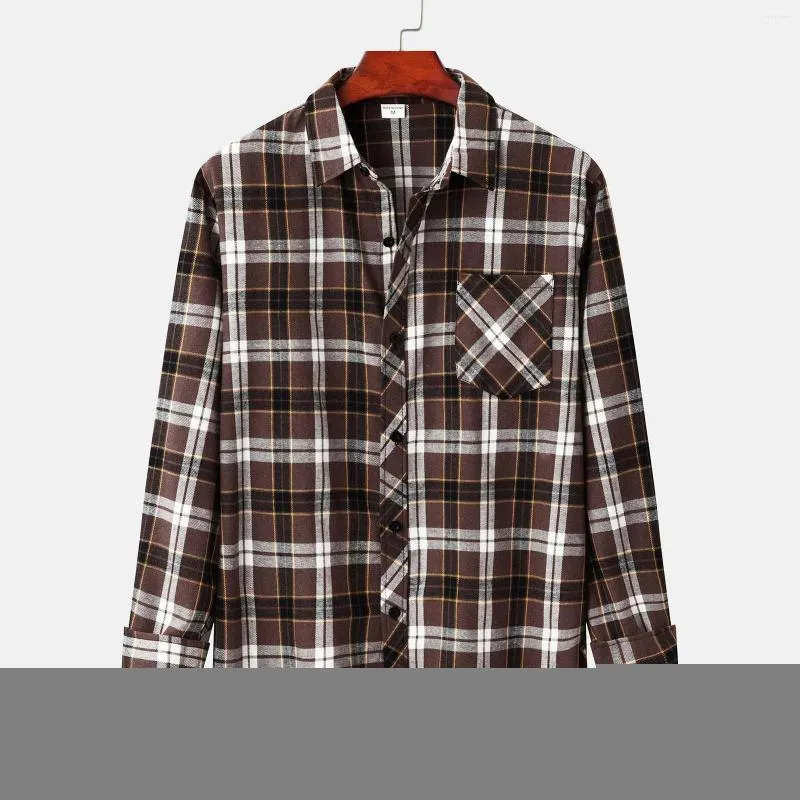 Camicie casual da uomo Camicia da uomo Scozzese Oversize Top marrone Colletto rovesciato Moda per il tempo libero Vestibilità ampia Maniche lunghe Camicetta coreana morbida