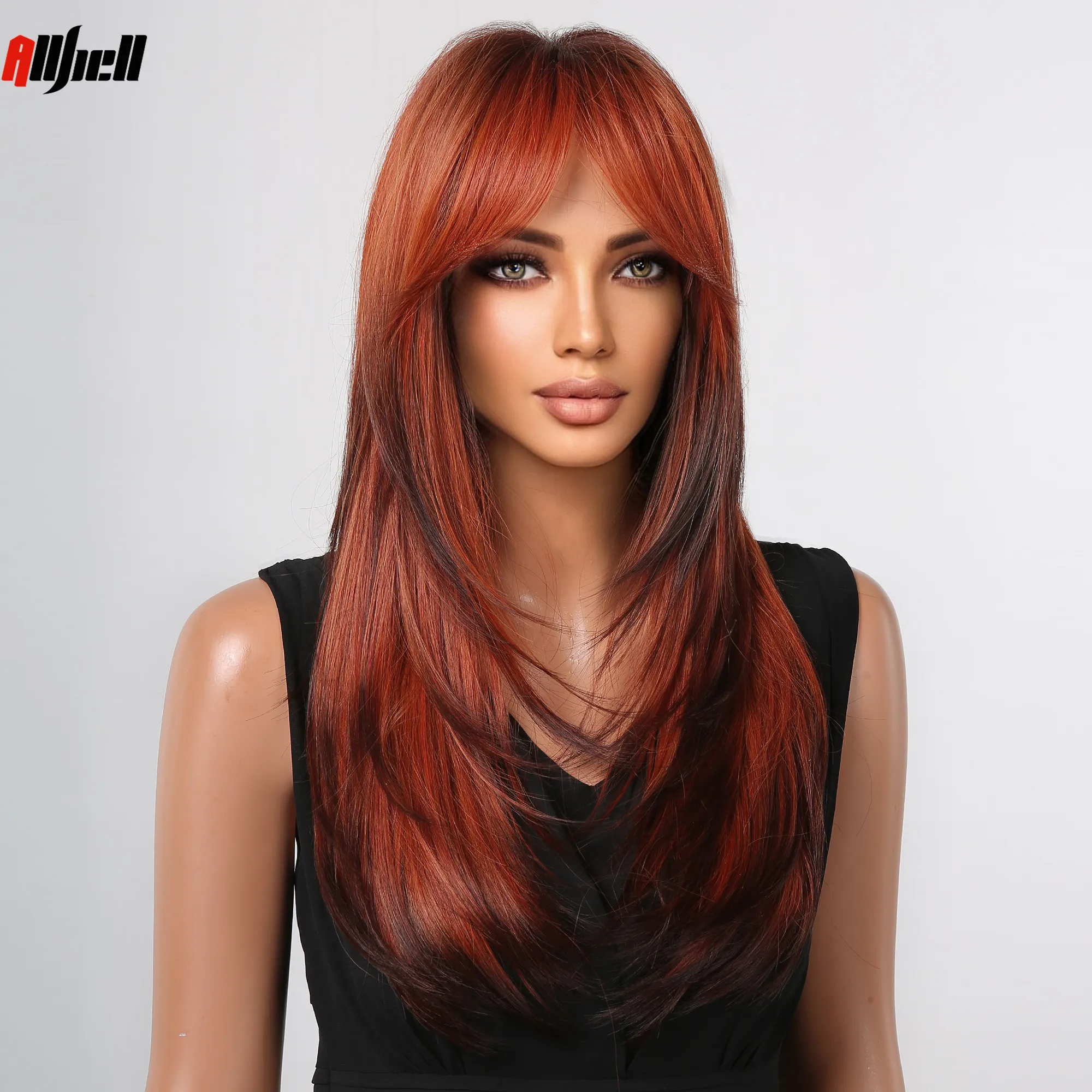 Red Brown Cosplay Long Layered Synthetic Wig with Bangs Brown Highlight Straight Hair Copper Ginger for Women Wig Heat Resistant