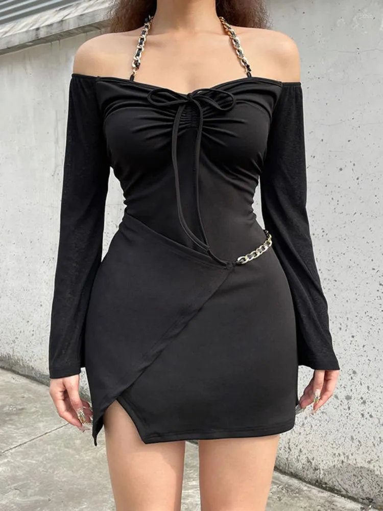 Casual jurken qweek zwarte sexy bodycon halter jurk vrouwen 2023 streetwear0 off schouder mini korte slanke schede Koreaanse outfits in