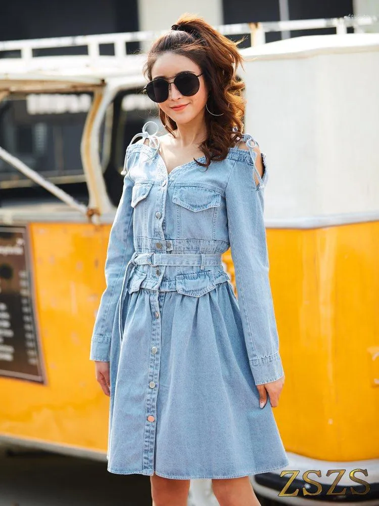 Casual Dresses Design Fashion Women Sexy Bandage Off Shoulder Long Sleeve Denim Jeans A-line Singe Breasted High Waist Dress S M L XL