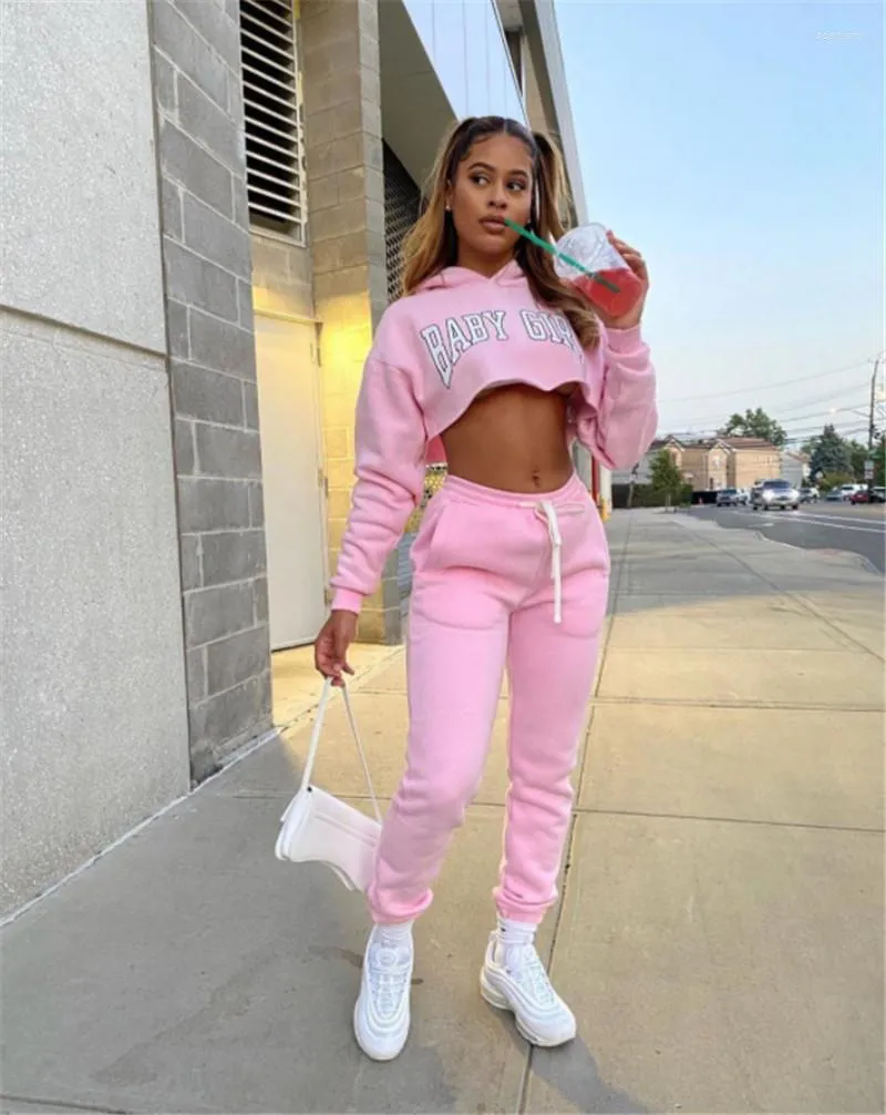 Letter Print Hooded Two Piece Womens Sweatsuit Set Out With Crop Top And  Jogger Tracksuit For Fitness Outfits From Yurongf, $18.41