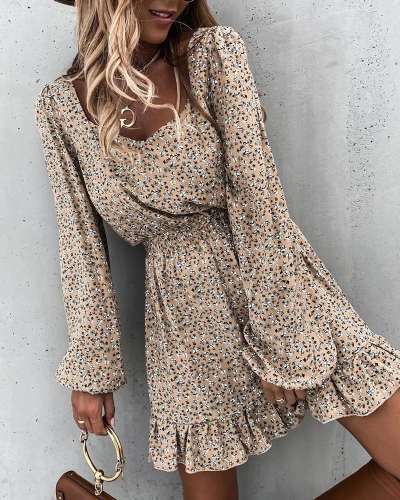 Casual Dresses 2023 Women Fashion Elegant Autumn Square Neck Long Sleeve Loose Floral Print Bloomer Ruffles Skinny Waist