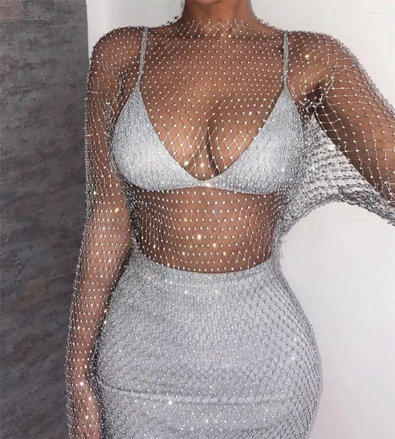 Casual Dresses BKLD Sexig Diamond Dress Women Hollow Out BodyCon Mini Summer Fishnet Mesh Se genom Shiny Beach Wear 2023 Party