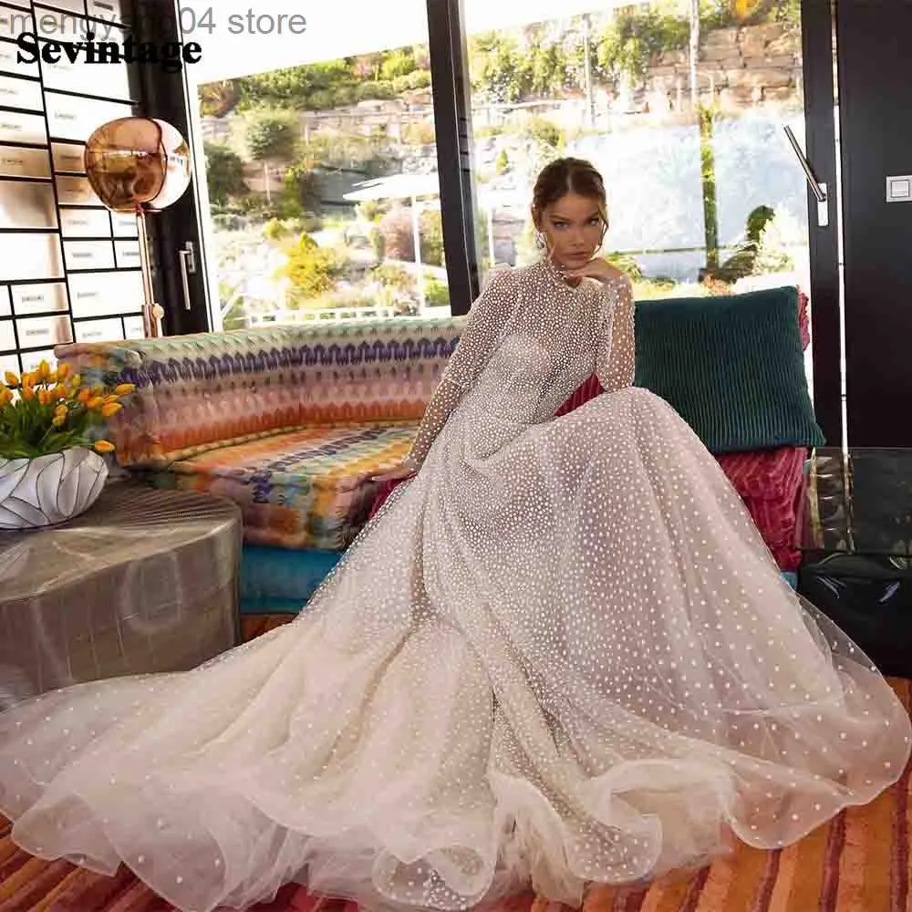Party Dresses Sevintage Glitter prickade tyll bröllopsklänningar enkla ärmar Boho High Neck Bridal Gown 2021 Princess Bride Wedding Clowns T230502