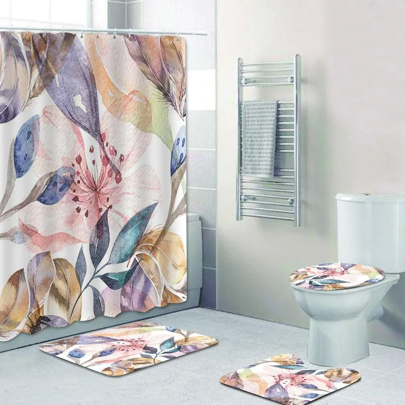 Rideaux élégant Boho aquarelle plumes fleurs sauvages rideau de douche et tapis ensemble feuilles peinture florale salle de bain rideaux tapis décor