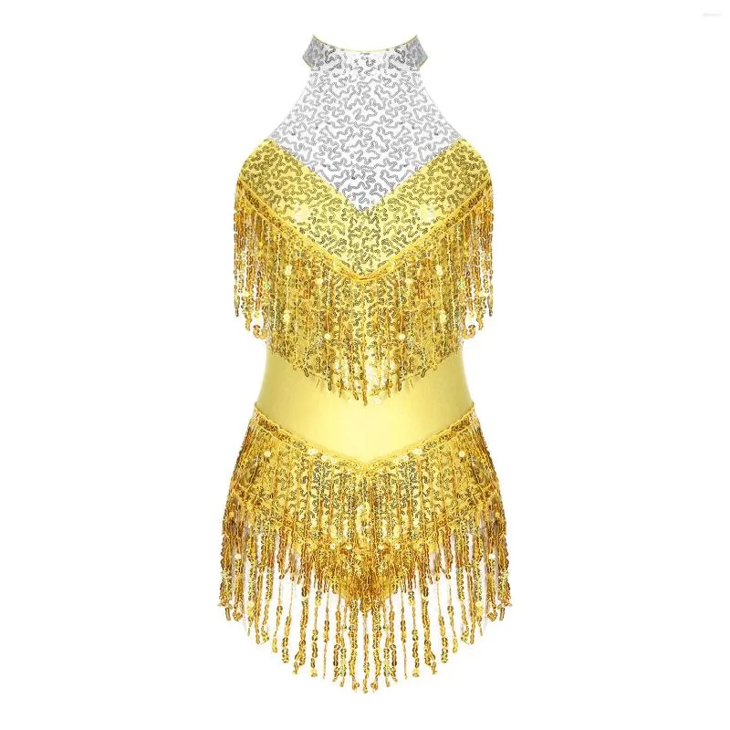 Bühnenkleidung Sparkly Quaste Bodysuit Damen Glänzende Pailletten Performance Kostüm Einteiliges Latin Dancewear Tango Leotard Rave Festival Dress