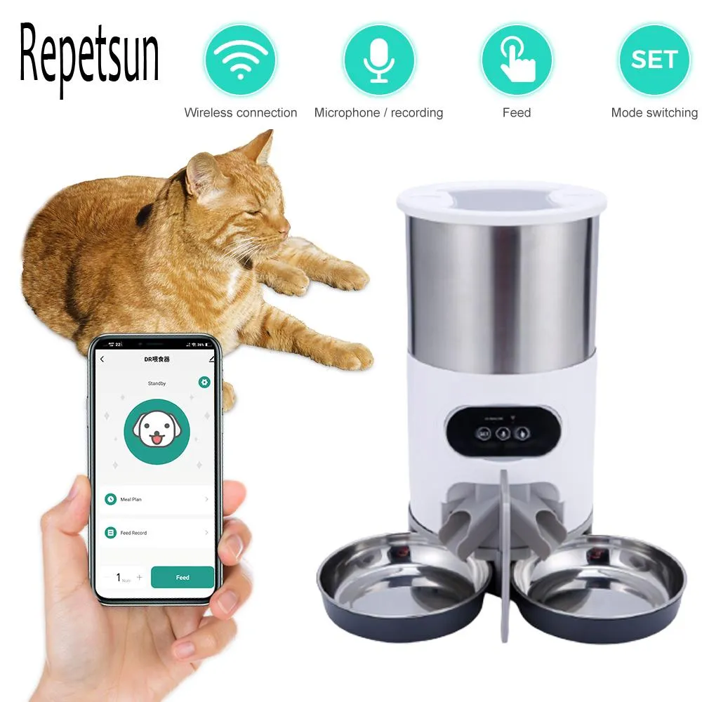 تغذية PET Automatic Tomatic Cat and Dog Food Dispenser Stainless Steel Bowl Medicalse Medicaled Cat and Dog with App Control Reserer Supplies