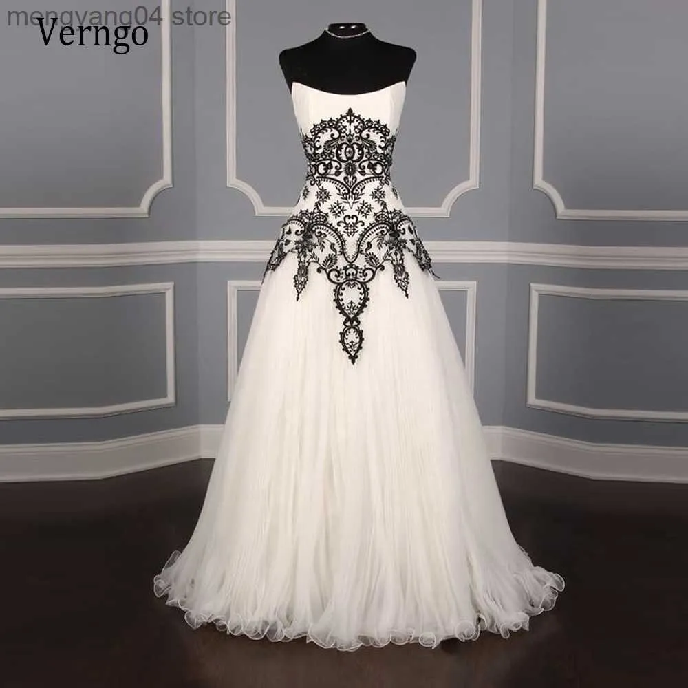 Robes de soirée Verngo Classique Robe de mariée en dentelle blanche et noire Applique Tulle Une ligne Robe de mariée vintage sans bretelles Plus la taille Robes de mariée T230502