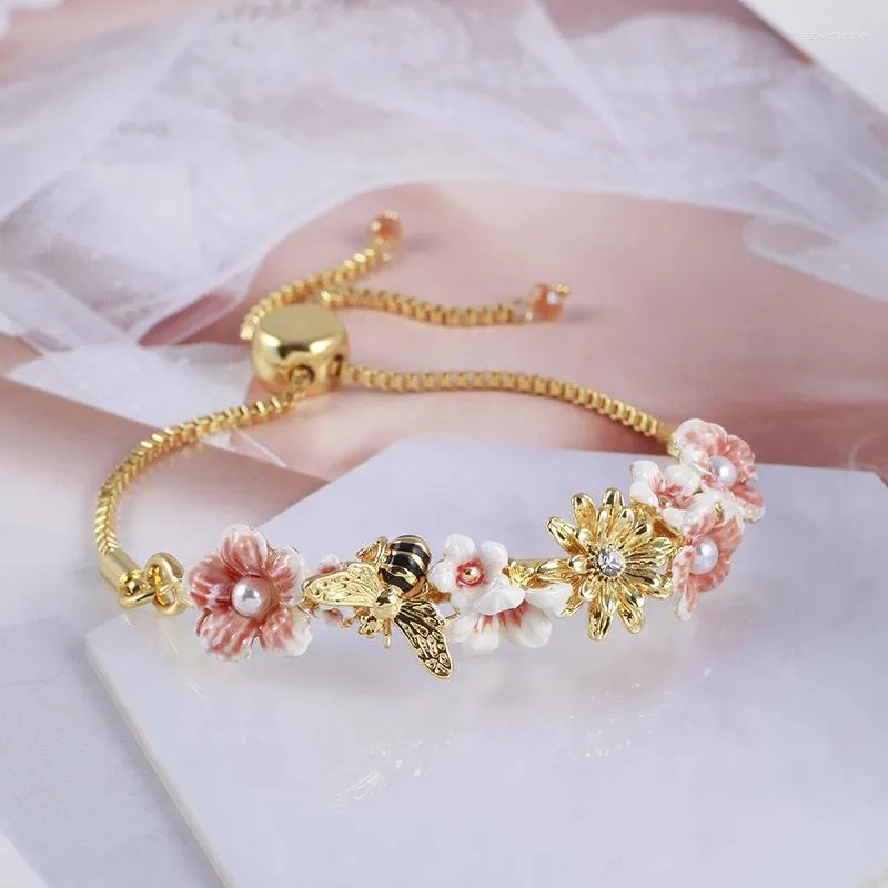 Bracelets porte-bonheur Style pastoral romantique émail glaçure perle fleur abeille tirer haricot Bracelet réglable