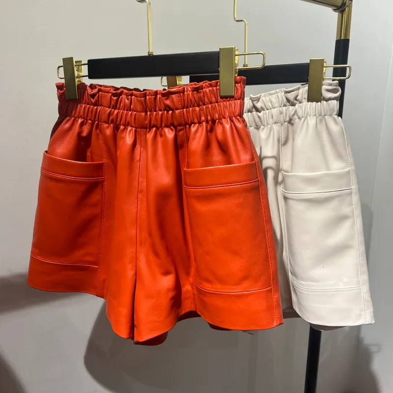 Shorts femininos roupas femininas moda moda feminino couro genuíno shorts casuais brancos mujer bolsões grandes cinto elástico mini calças de booty 230428