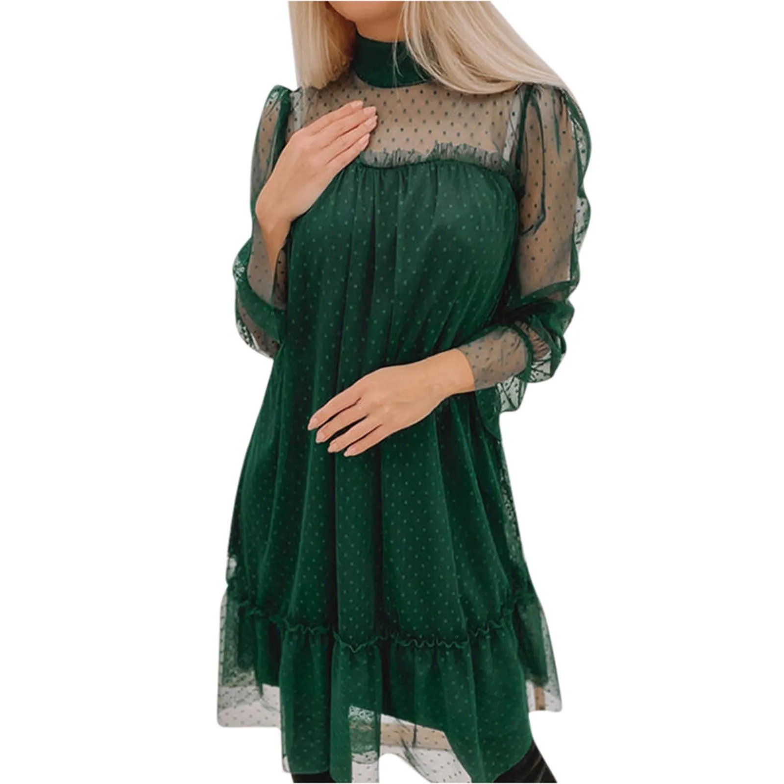 Robes Fashion Fashion Robe sexy colle haute robe à manches longues purs en dentelle net sexy élégante robe de fête