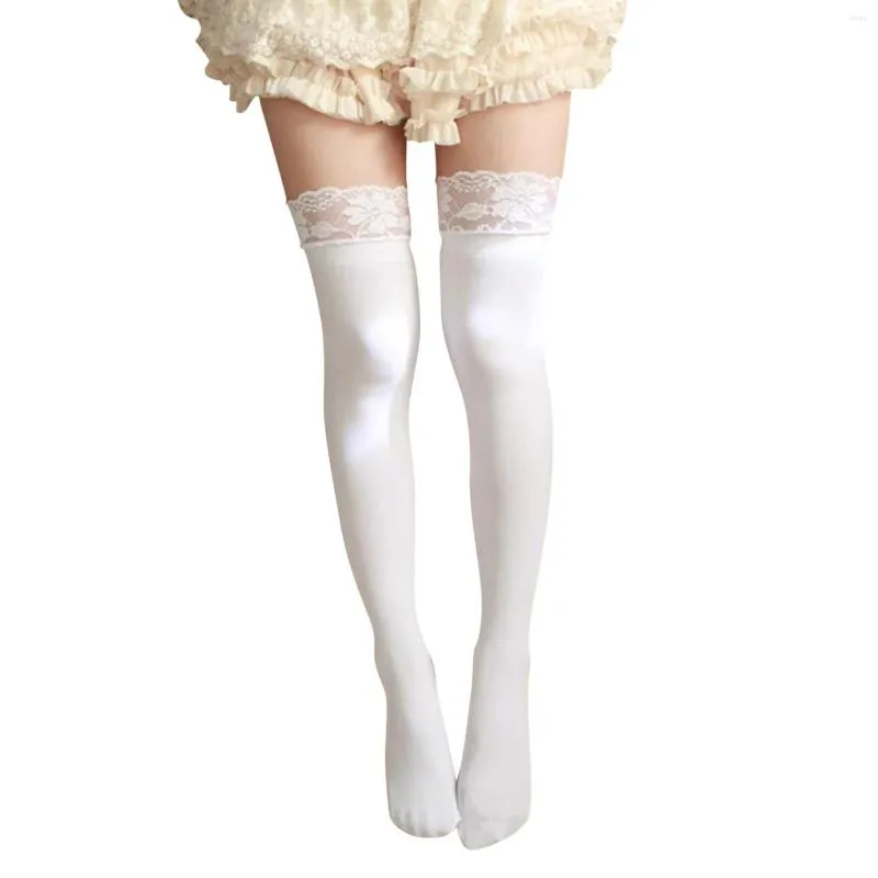 Mulheres meias sexy meias de renda pura coxa altiva sobre o joelho de calças de boates de lingerie branca de lingerie branca
