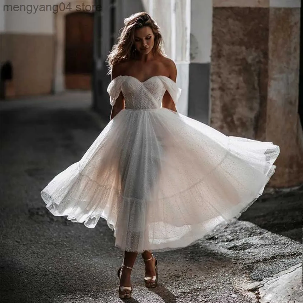 Vestidos de festa no meio da panturrilha fora do ombro Vestido de noiva querida A line Pleat Belt Bride Bride Civide Casamento Registro Rom ntico