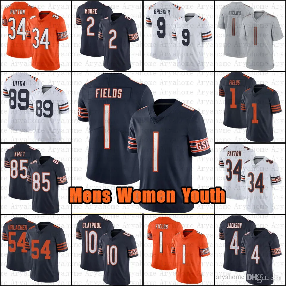 1 Justin Fields Football Jersey DJ Moore Walter Payton Chase Claypool Eddie Jackson Tremaine Edmunds Darnell Mooney Darnell Wright Brian Urlacher Mens