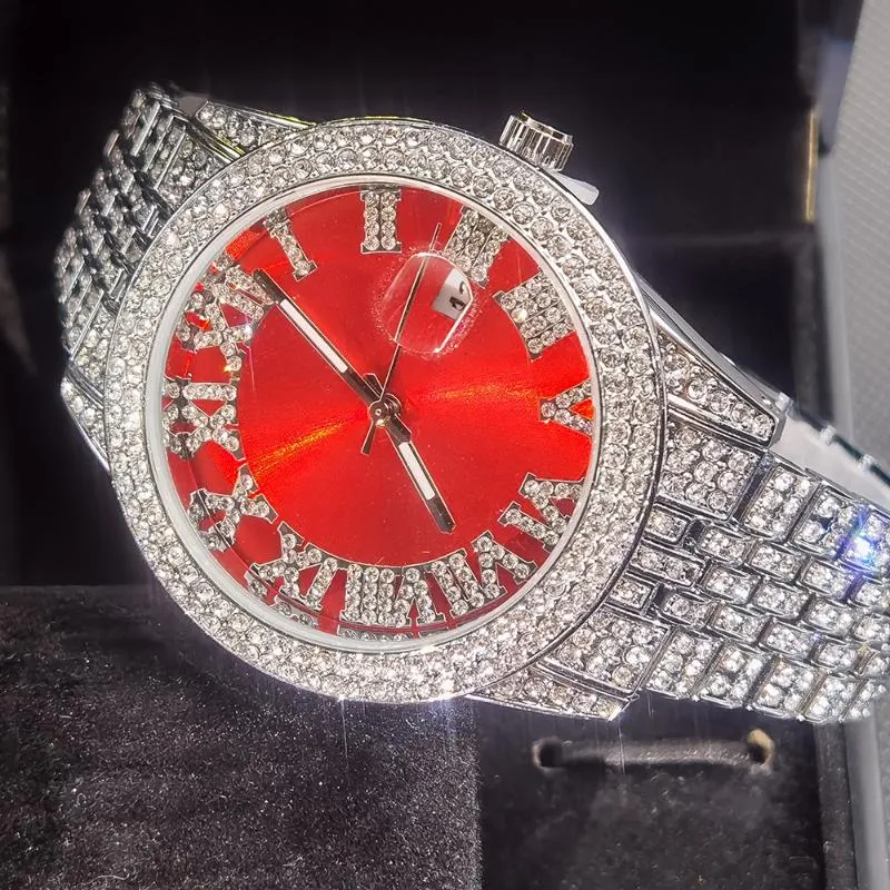 Polshorloges dubbele rij diamant man kijkt gouden ronde horloge mannen rode wijzerplaat Romeinse agenda ijs uit mannelijke polshorloge feestfeest hiphopwristwatches w