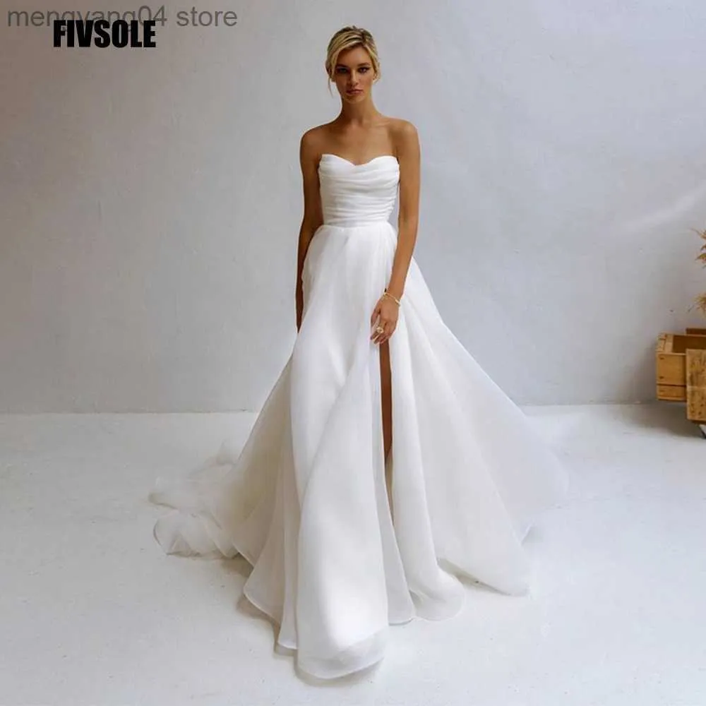 Feestjurken FivSole Strapless Wedding Jurken 2021 Witte vloerlengte Pleet Zipper Back Organza A Line Bridal Jurkens Vestido de Noiva T230502